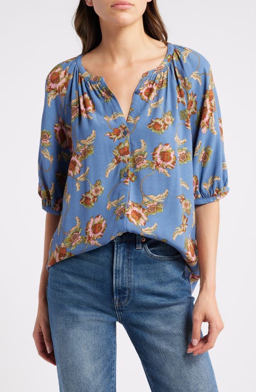 Shop Treasure & Bond Gathered Flowy Top In Blue/pink Wander Floral