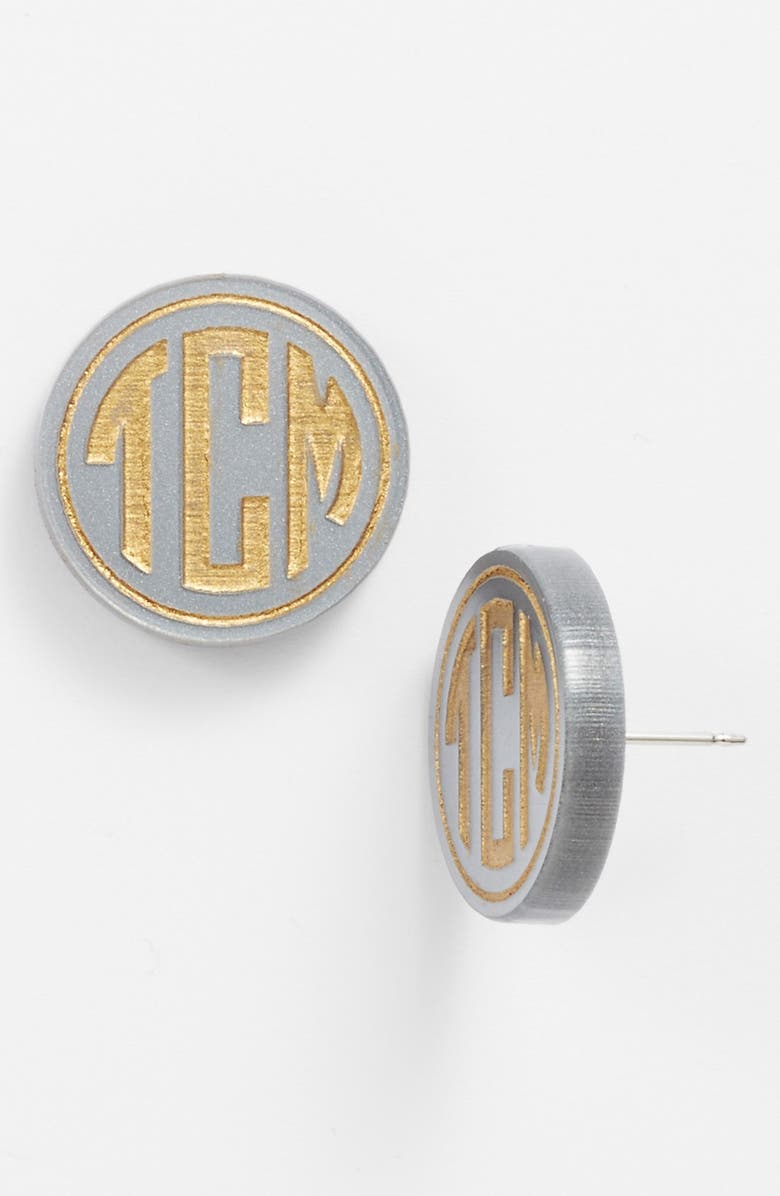 MOON AND LOLA 'Chelsea' Medium Personalized Monogram Stud Earrings, Main, color, GUNMETAL/ GOLD