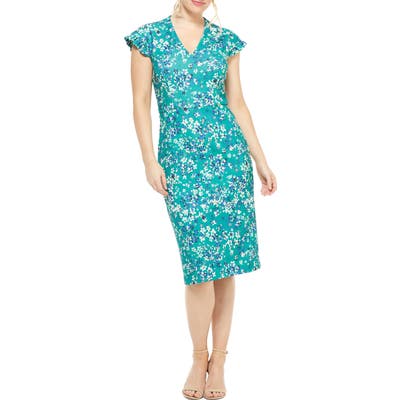 Maggy London Ruffle Sleeve Floral Scuba Sheath Dress, Blue/green