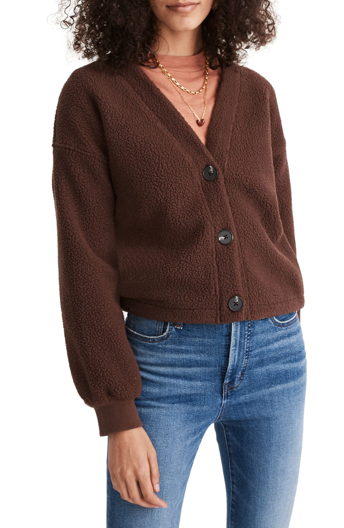 Madewell (re)sourced Faux Shearling Crop Cardigan In Hot Cocoa