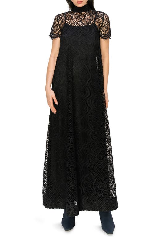 Mock Neck Lace Overlay Maxi Dress in Black
