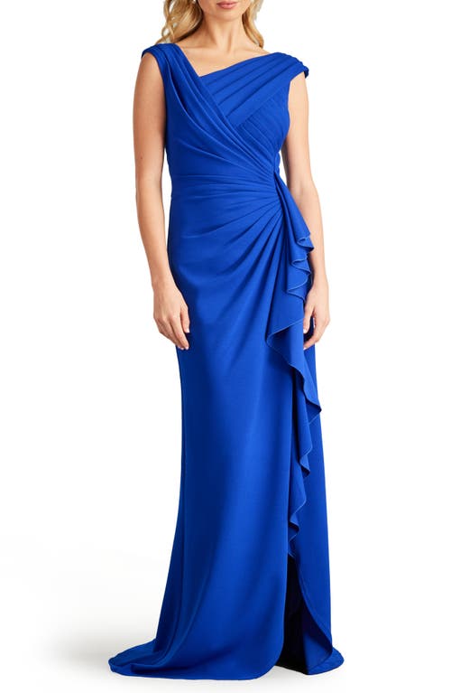 Asymmetric Neck Side Ruffle Fit & Flare Gown in Mystic Blue