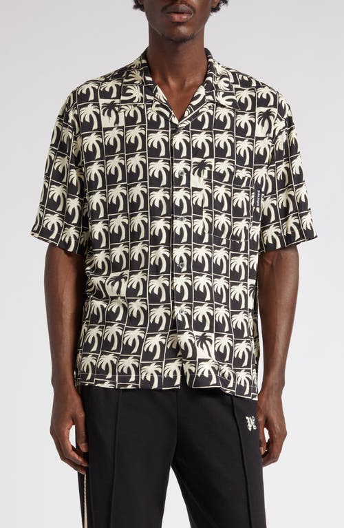 Palm Angels Dripping Palms Short Sleeve Bowling Shirt in Black Offwhite