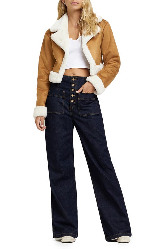 River Island Crop Faux Shearling Jacket In Tan-brown In Brown
