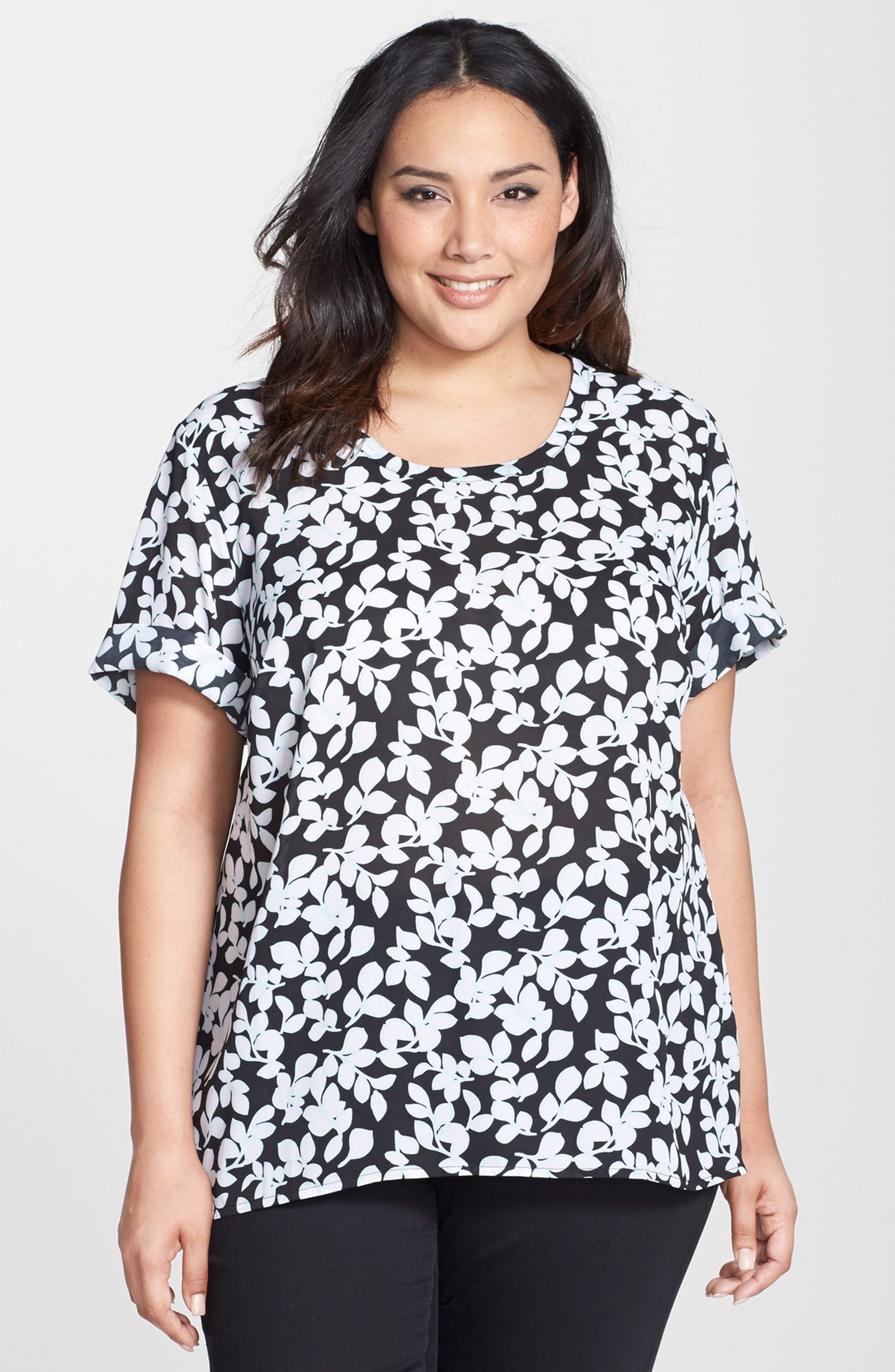 Halogen@ Print Roll Sleeve Woven Top (Plus Size) | Nordstrom