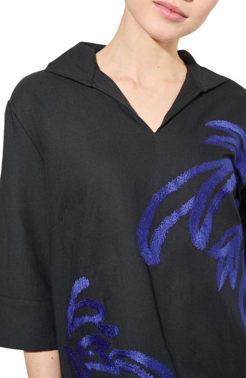 Ming Wang Embroidered Twill Shift Dress In Black/gentian Blue