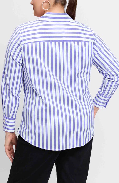 Shop Foxcroft Mary Stripe Stretch Button-up Shirt In Lapis/white