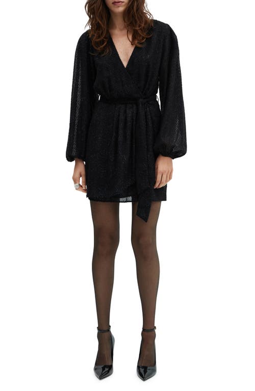 MANGO Belted Fuzzy Long Sleeve Minidress Black at Nordstrom,