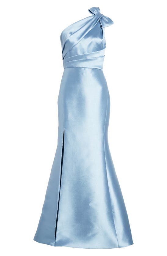 Shop Amsale Bow Detail One-shoulder Mikado Mermaid Gown In Smokey Blue