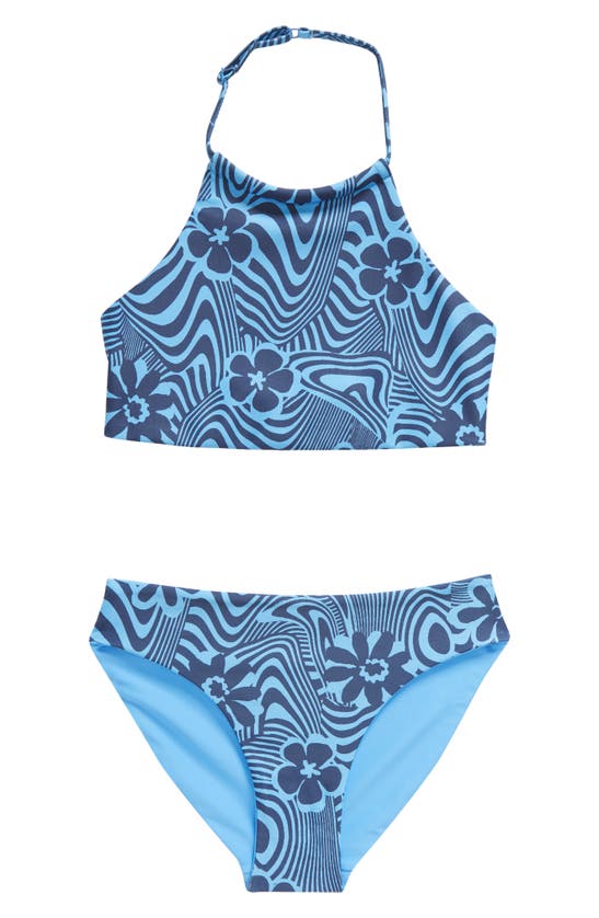Shop Zella Girl Kids' Just Breathe Reversible Two-piece Swimsuit In Blue Lapis Psychedelic Daisy
