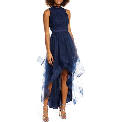 Chi Chi London Thaiza High/low Embroidery & Tulle Evening Gown, Blue