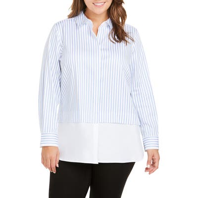 Plus Size Foxcroft Giselle Layered Look Stripe Shirt, Blue