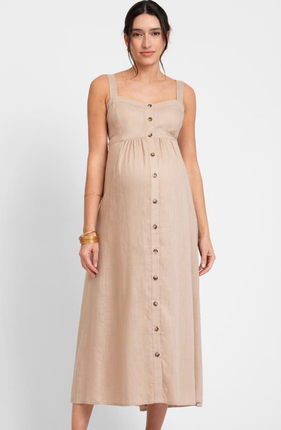 Shop Seraphine Button Front Maternity/nursing Midi Sundress In Taupe