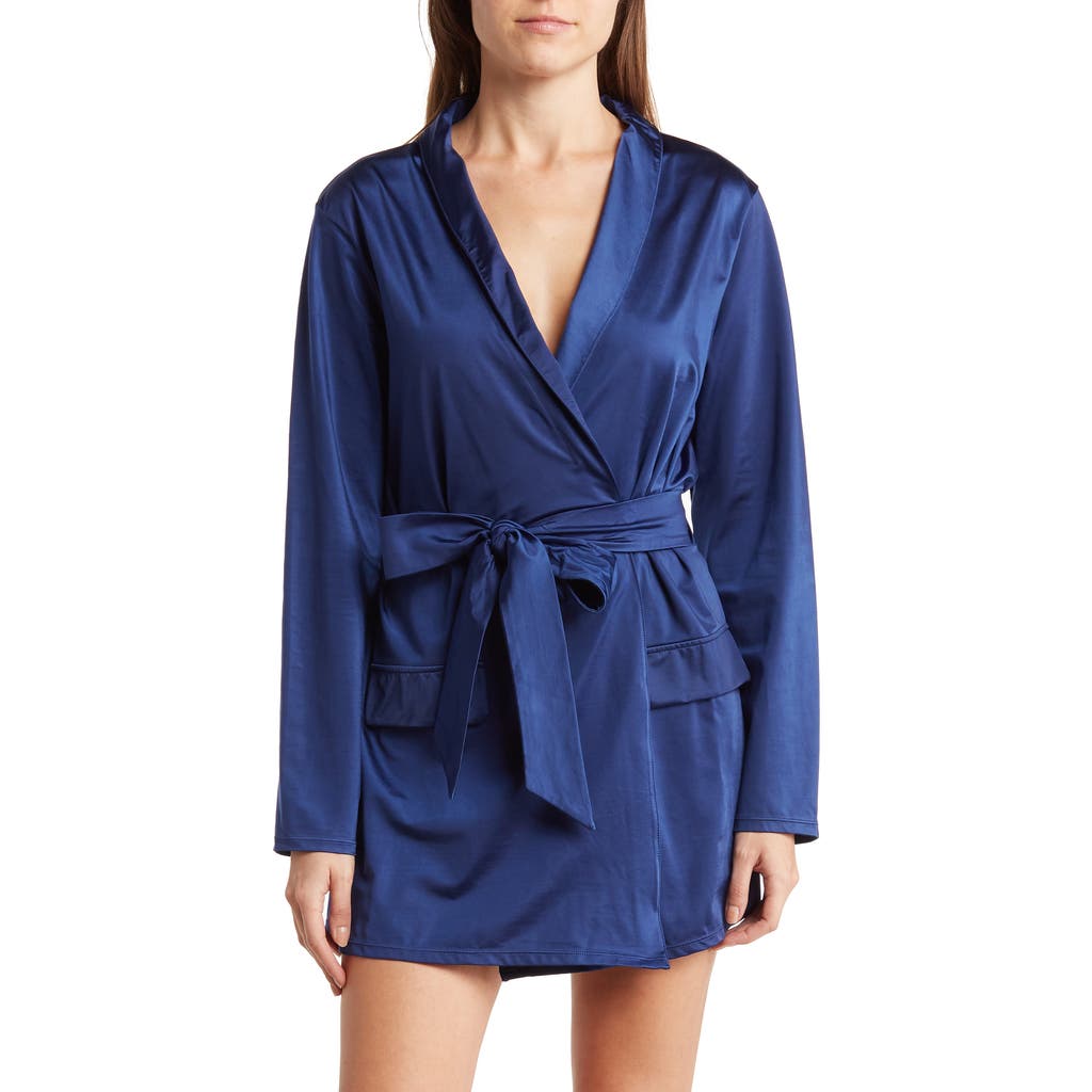 Oh La La Cheri Saskia Lace Back Satin Wrap Robe In Estate Blue/black