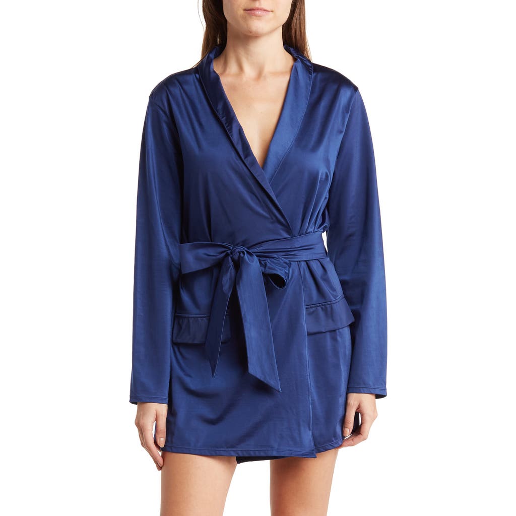 Oh La La Cheri Saskia Lace Back Satin Wrap Robe In Blue