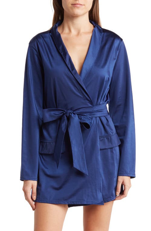 Shop Oh La La Cheri Saskia Lace Back Satin Wrap Robe In Estate Blue/black