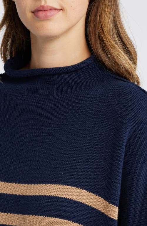 Frank & Eileen Monterey Stripe Cotton Funnel Neck Sweater In Navy W/camel Stripe