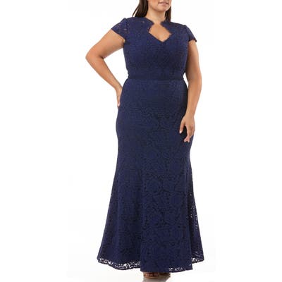 Plus Size Js Collections Panel Scalloped Lace Gown, Blue