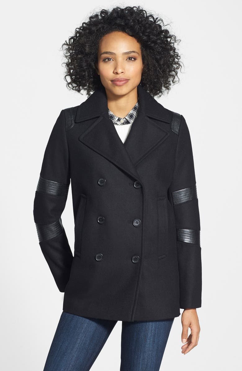 DKNY Faux Leather Trim Wool Blend Peacoat | Nordstrom