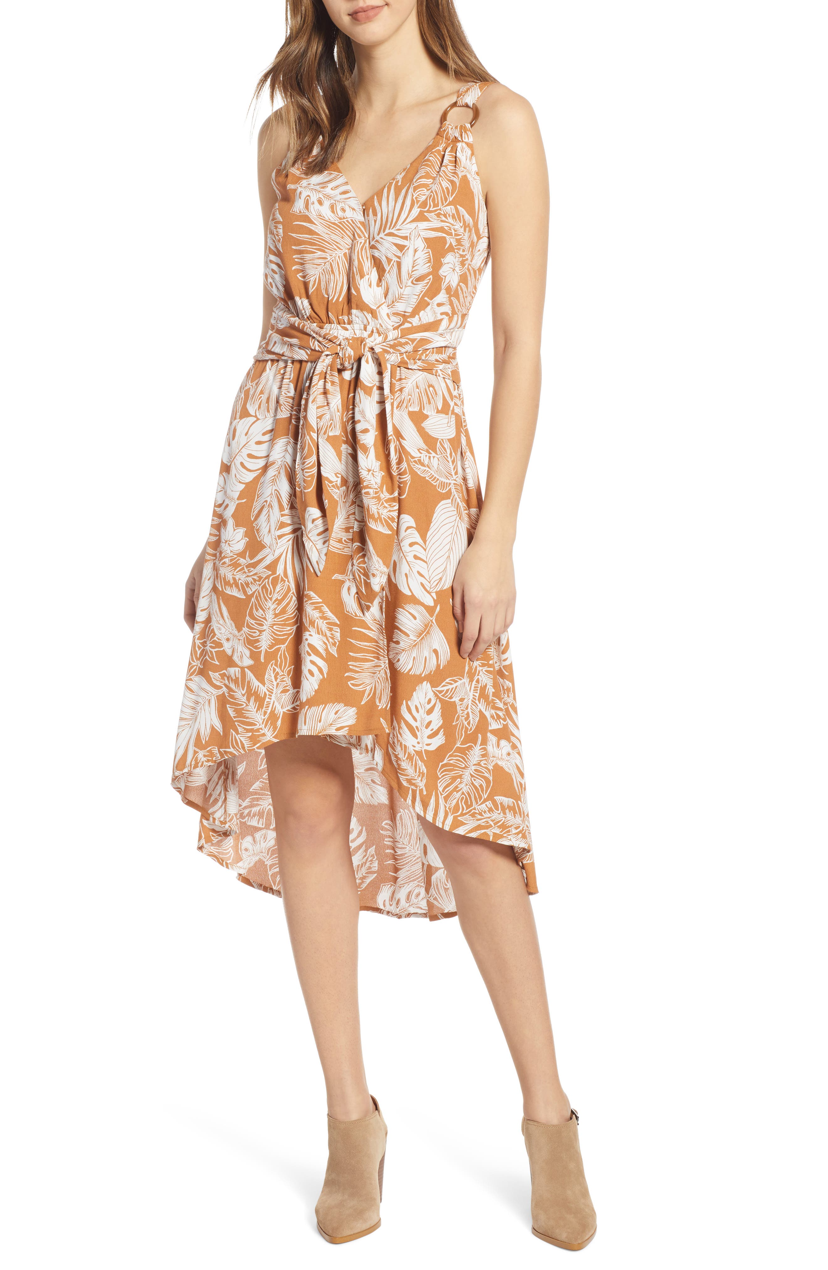 Moon River Palm Print High/low Dress, Yellow