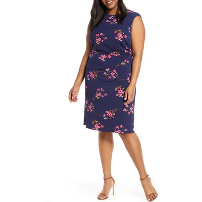 Plus Size Eliza J Floral Ruched Sleeveless Sheath Dress, Blue
