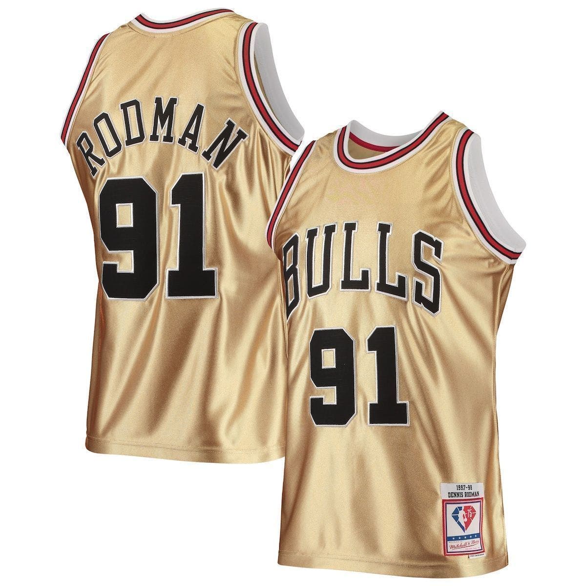 Mitchell & Ness Dennis Rodman Gold Chicago Bulls 75th Anniversary 1997 ...