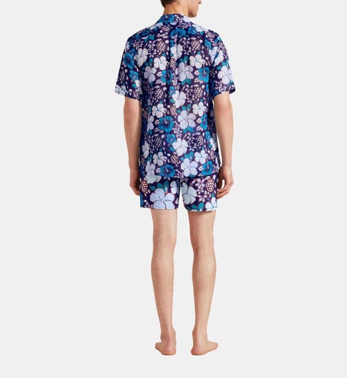 Vilebrequin Bowling Linen Tropical Turtles Shirt In Minuit