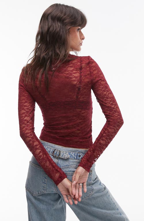 Shop Topshop Lace Sheer Long Sleeve Top In Burgundy