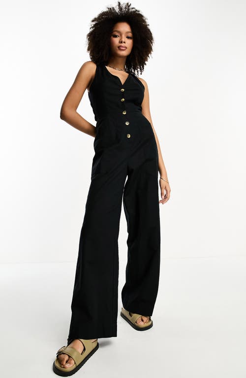 ASOS DESIGN Button-Up Wide Leg Cotton Blend Jumpsuit in Black