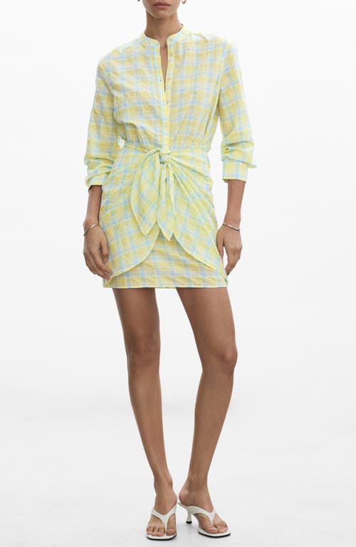 Shop Mango Check Tie Front Long Sleeve Shirtdress In Pastel Yellow