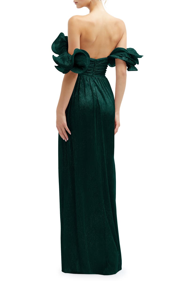 After Six Ruffle Off the Shoulder Metallic Column Gown, Alternate, color,