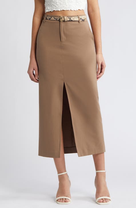 Brown Ribbed High Waist Midi Skirt