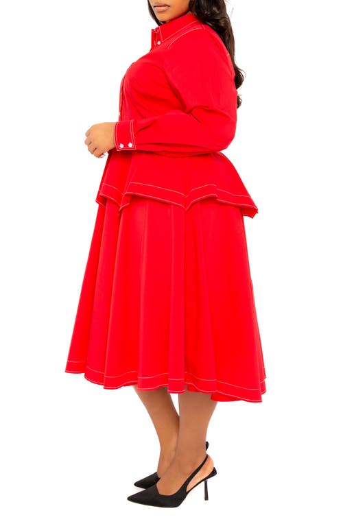 Shop Buxom Couture Topstitched Long Sleeve Peplum Shirtdress In Red