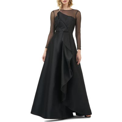 Kay Unger Adele Long Sleeve Applique Gown, Black