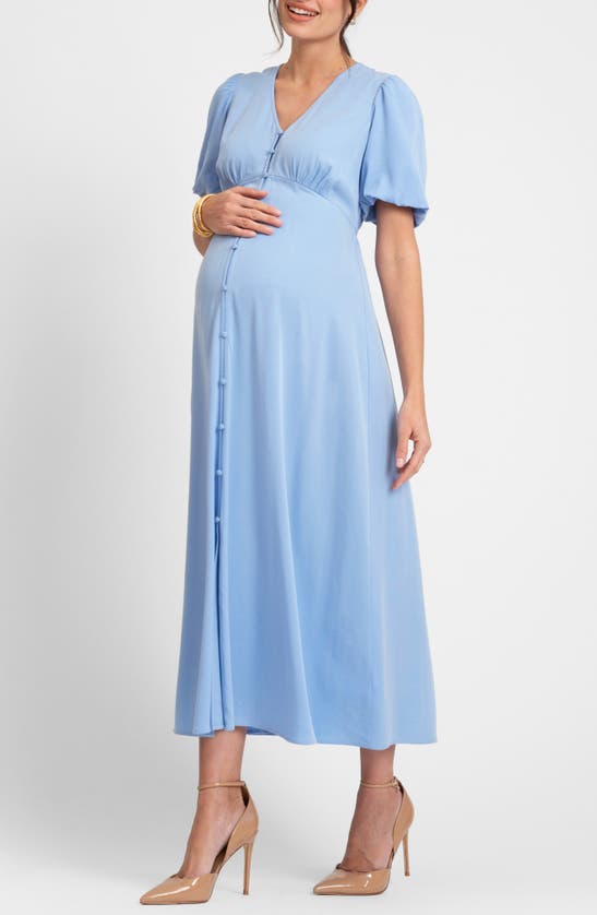 Seraphine Puff Sleeve Button-up Maternity Midi Dress In Blue