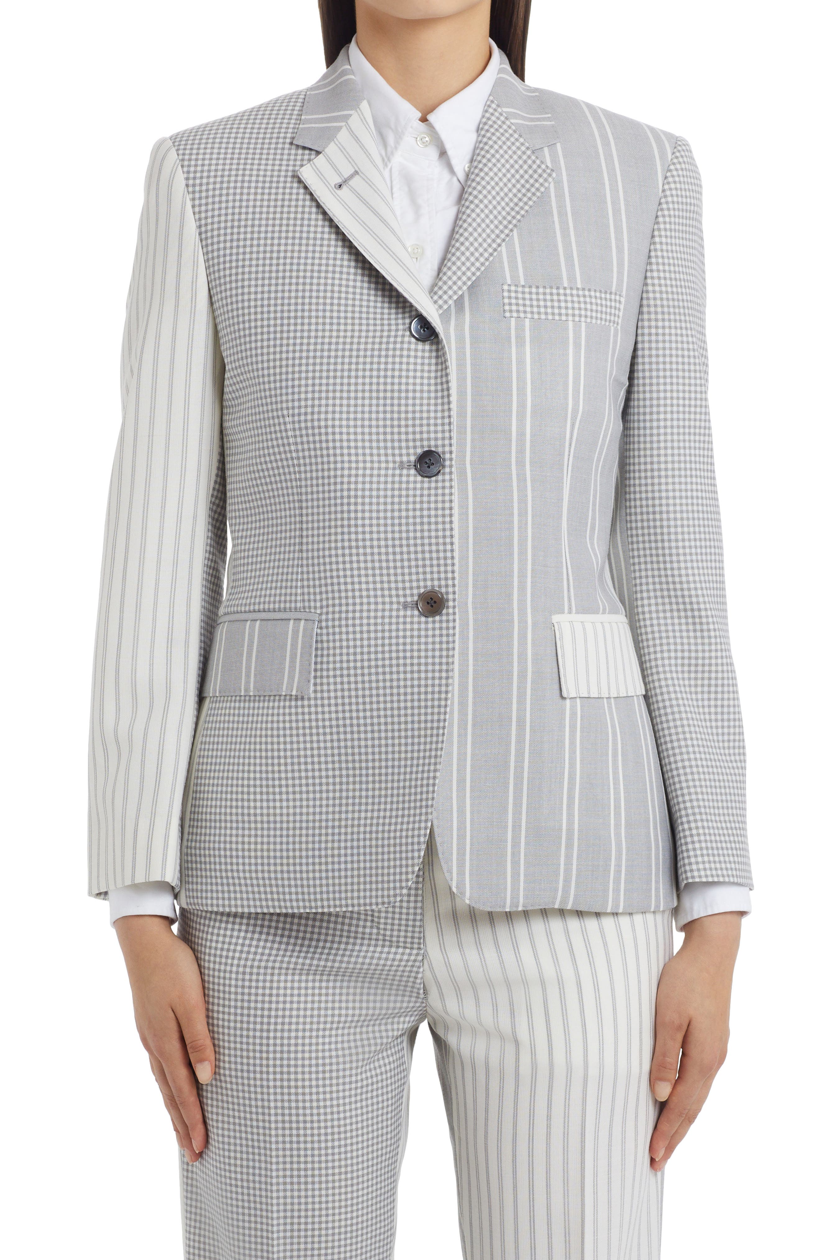 Thom Browne Mixed Print Wool Hopsack Classic Blazer in Med Grey
