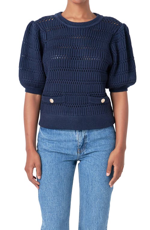 Shop English Factory Puff Sleeve Knit Top In Navy