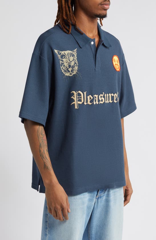 Shop Pleasures Wyatt Logo Boxy Piqué Polo In Navy