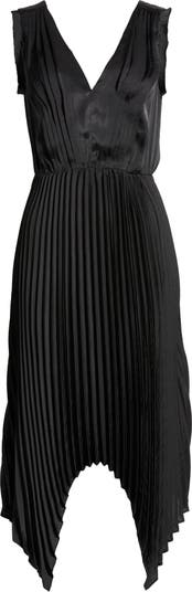 Steve Madden Donna Pleated Handkerchief Hem Satin Dress In Black