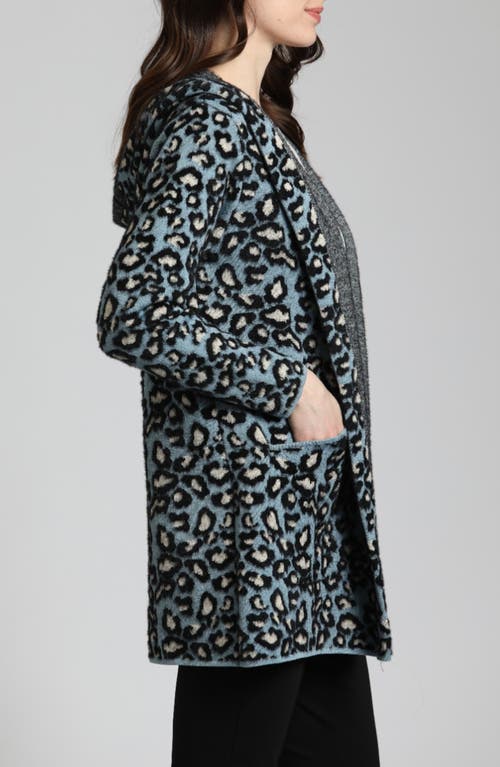 Apny Leopard Print Hooded Open Front Sweater Coat In Blue Multi
