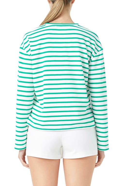 Shop Endless Rose Lueur Stripe Long Sleeve Knit Top In White/green