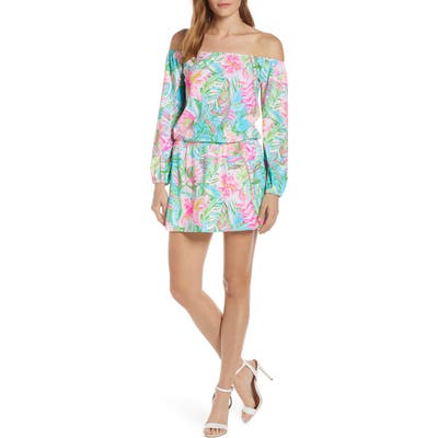 Lilly Pulitzer Lana Long Sleeve Off The Shoulder Skort Romper, Blue/green
