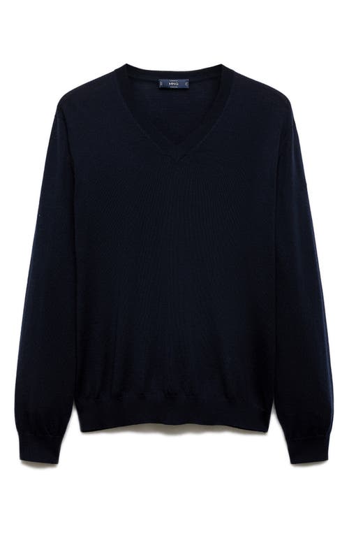 Shop Mango V-neck Merino Wool Sweater In Dark Navy