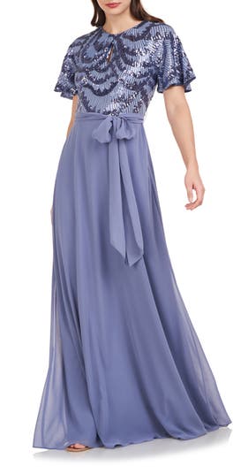 JS Collections Petra Sequin Flutter Sleeve Chiffon Gown Nordstrom