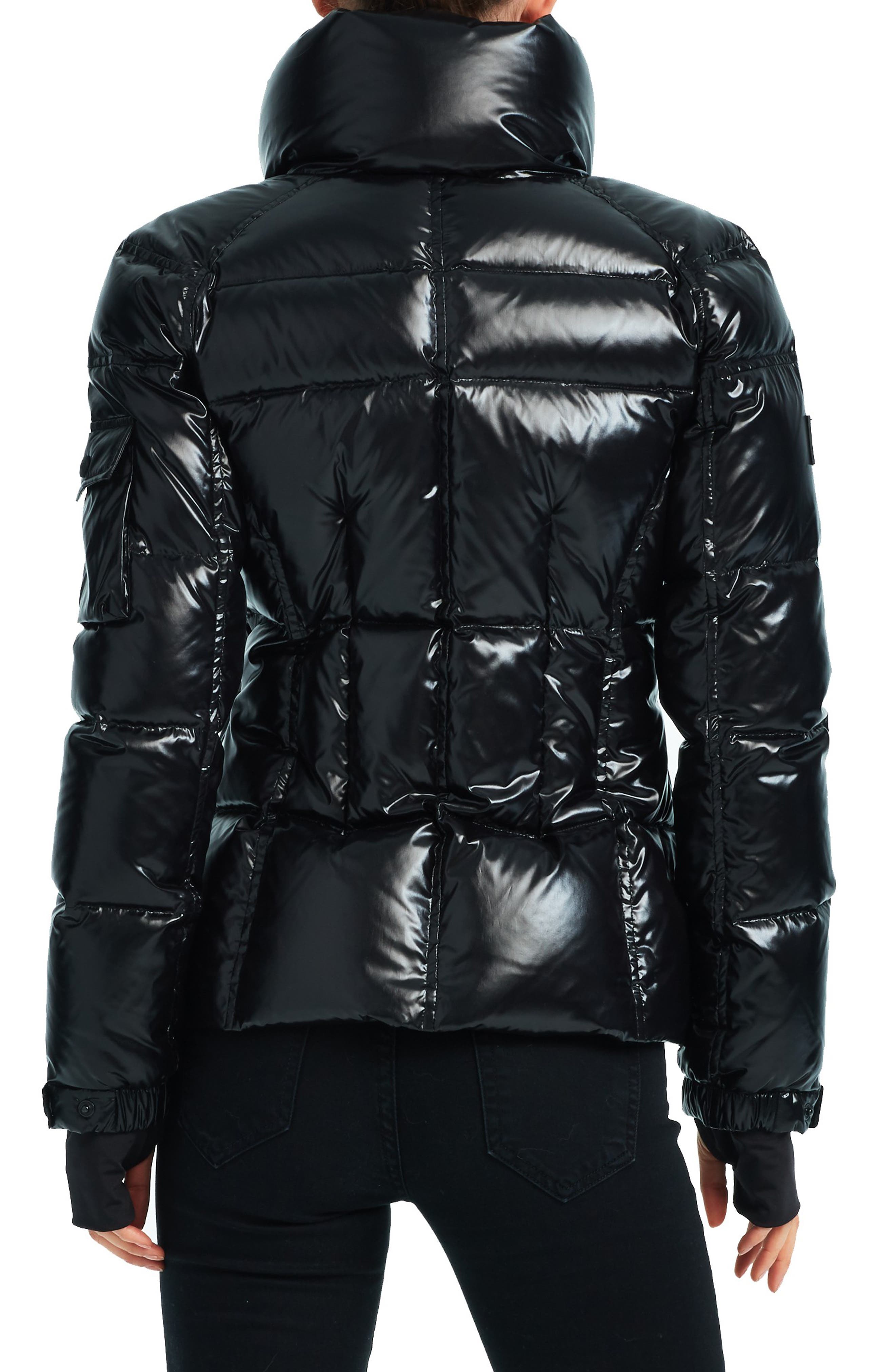 belted patent puffer jacket