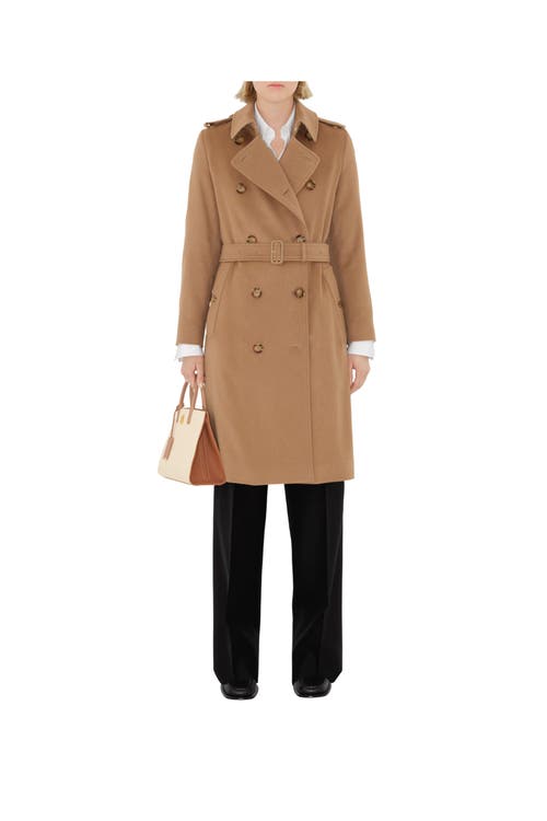 Burberry Long Cashmere Blend Kensington Trench Coat In Camel Melange