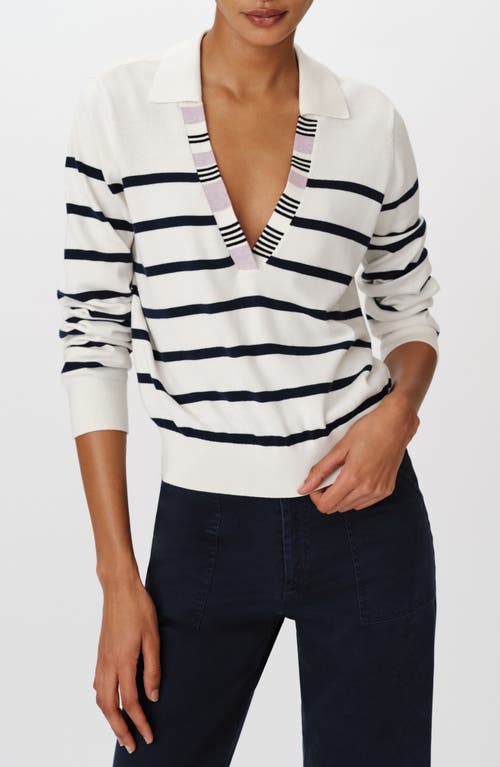 ATM Anthony Thomas Melillo Stripe Cotton & Silk Johnny Collar Sweater in White /Midnight 