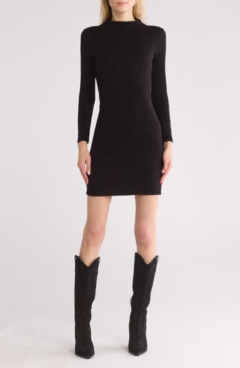 Shop Tash And Sophie Long Sleeve Jewel Neck Mini Sweater Dress In Black