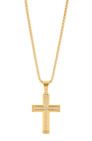 American Exchange Stainless Steel Crystal Cross Pendant Necklace In Gold