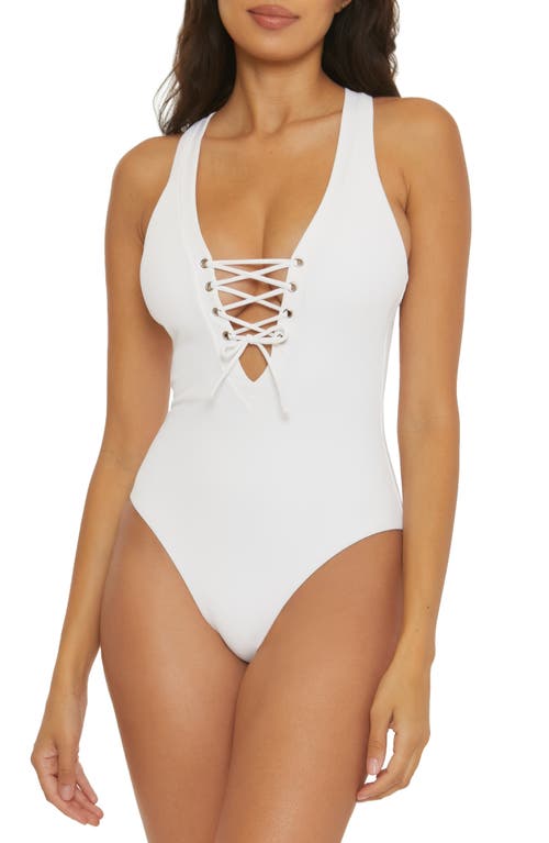 Modern Edge Ribbed Lace-Up Plunge One-Piece Swimsuit in White